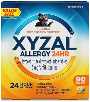 Xyzal 24 Hour Allergy Relief Medicine, Original Prescription Strength Antihistamine, Levocetirizine Dihydrochloride Tablets, 5 mg, 90 Count