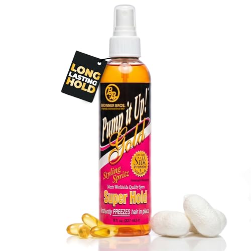 Bronner Bros Pump It Up Gold Styling Spritz, Super Hold Hairspray, 8oz | For Styling & Finishing, Fast-Drying Hair Spray