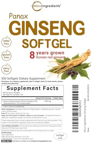 Micro Ingredients Red Panax Ginseng Supplement 300 Softgels | High Potency Korean Ginseng Root Extract| Supports Energy & Immune Health | Non-GMO*