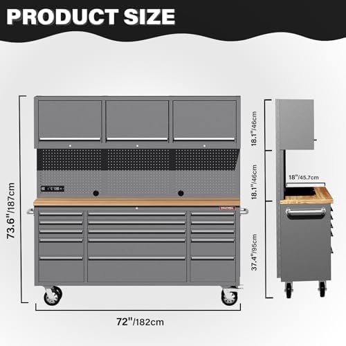 HAUTMEC 72" Rolling Tool Chest with 15 Lockable Drawers & 3 Upper Cabinets, Heavy-Duty 16-Gauge Steel Garage Workbench with Solid Oak Top
