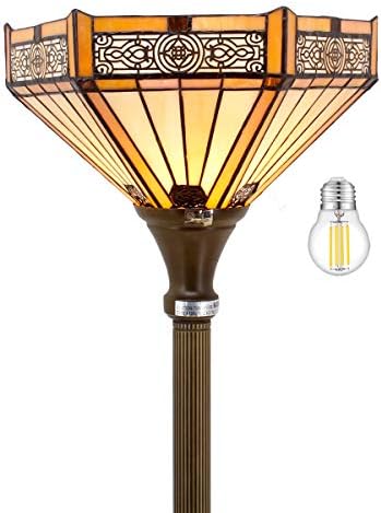 WERFACTORY Tiffany Floor Lamp Yellow Hexagon Stained Glass Mission Light | 12X12X71 Inches Torchiere Standing Corner Torch Uplight Decor Bedroom