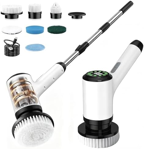 6-in-1 Cordless Electric Spin Scrubber with Long Handle | Power scrubber, bathroom scrubber, 47.2 in long handle, 2 speed scrub brush, IPX7 rated body, kitchen, tile, tub, floor