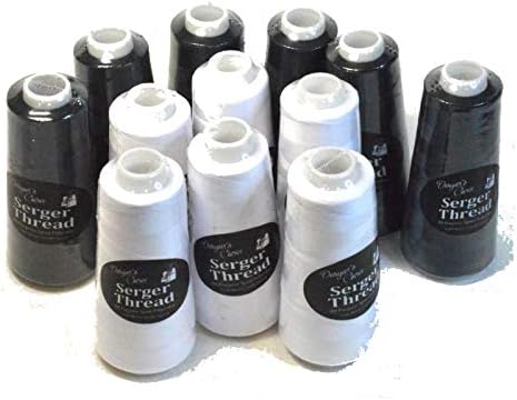 Set of 12 Black & White Serger Thread Spools for Quilting Embroidery Overlock | 100% Polyester | 1640 Yards Each | 6 Black & 6 White | For Quilting