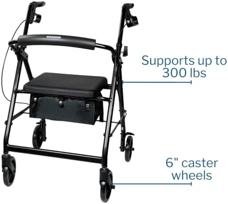 McKesson Rollator Walker with Seat and Wheels, Black, 1 ct