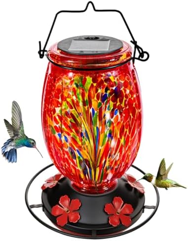 Solar Hummingbird Feeder for Outdoors Hanging Patio Designed 32 Ounces Colorful Hand Blown Glass Hummingbird Feeder 5 Feeding Ports with Perch Never