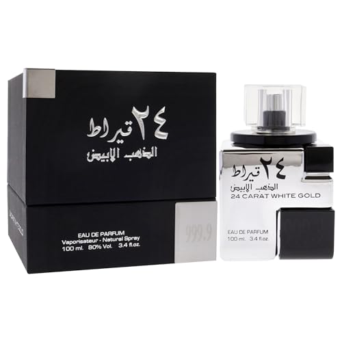 Lattafa 24 Carat White Gold – Fresh, Spicy, Woody – Eau de Parfum Spray Long-Lasting Fragrance for Unisex, 3.4 Ounce / 100 ml