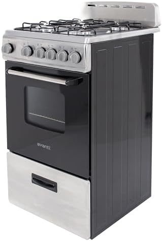 Avanti Compact Gas Range Oven, 4 Sealed Burners, 20-Inch, Stainless Steel | Avanti Compact Gas Range Oven, Freestanding with 4 Sealed Burners, Broiler with Pan, Storage Drawer, 20-Inch, Stainless Steel