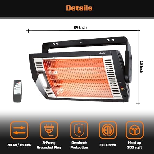 Shinic Electric Garage Heaters with Remote Control, 1500W/750W Ceiling Mounted Radiant Quartz Heater with Work Light, 90° Rotation, 5 Mode Settings
