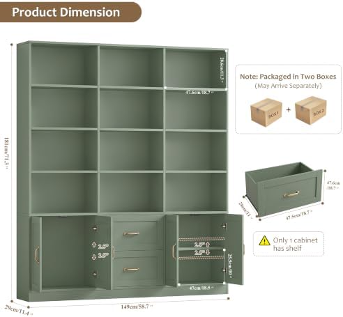HOSTACK 71" Tall Triple Wide Bookshelf with Storage Drawers & Doors, Green | Large Bookcase with Cabinet, Modern 6-Tier Open Display Shelves, Wood Book Shelf for Living Room, Home Office