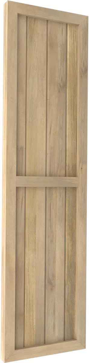 14"W x 58"H Americraft Four Board Exterior Real Wood Two Equal Panel Framed Board-n-Batten Shutters (Per Pair), Unfinished