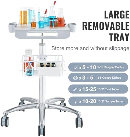 VEVOR Medical Trolley with Wheels - Height Adjustable Gas Lift, Large Tabletop 19"×17", Stainless Steel Rolling Laptop Cart with Storage Basket