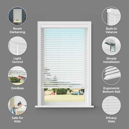 Lumino 2" Flat Slat Faux Wood Blinds, 34" W x 60" L White | Cordless, Built in Valence for Easy Installation, Custom Sizes