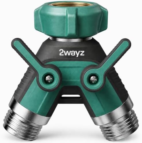 Hose Splitter 2 Way Heavy Duty Outdoor Faucet and Garden Connector - Water Spigot Splitter - Durable All-Metal Y Adapter with Shut-Off Valve - 4 x 4 x 1.5 Inches