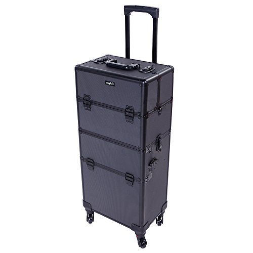 mefeir 2 in 1 Rolling Makeup Train Case Professional Cosmetic trolley on Wheels Aluminum Nail Cart Cosmetic Suitcase for professional makeup artist, Luggage Lockable w/4 Removable Wheels (Black)