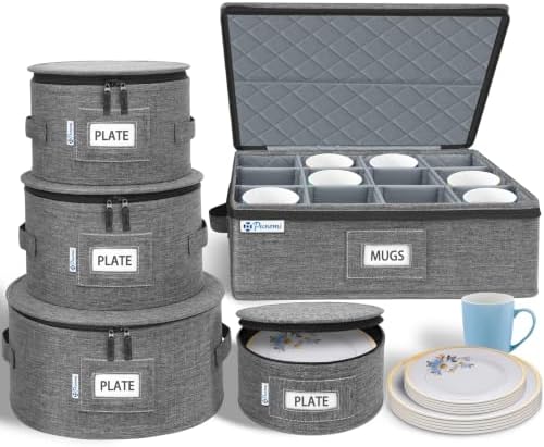 China Storage Containers, 4-Pack Hard Shell Plate & Dish Cases for Moving | Padded dividers and quilted lining protect plates and dishes; stackable for moving and holiday storage, beige hold set of 12
