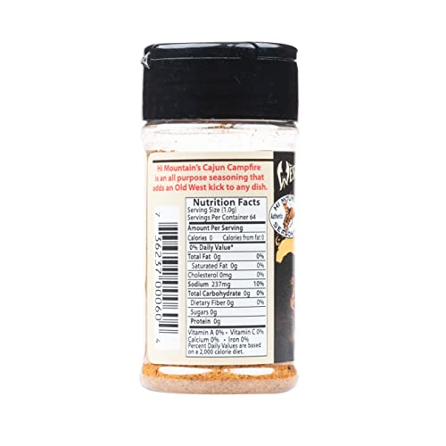 Hi Mountain | CAJUN CAMPFIRE SEASONING | Cajun Blend | 2.25 Oz | Bold Cajun seasoning for steak, shrimp, seafood, chicken and vegetables with smoky campfire-inspired flavor