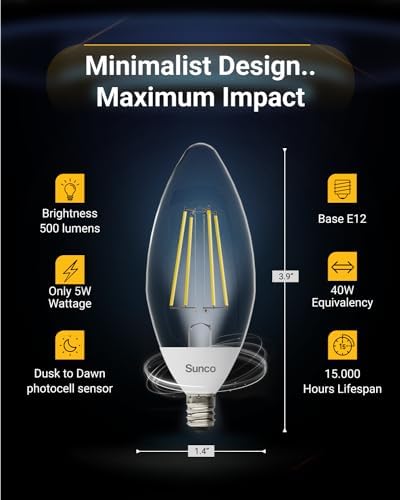 Sunco 6 Pack B11 Candelabra LED Light Bulbs, E12, Dusk to Dawn, 5W=40W