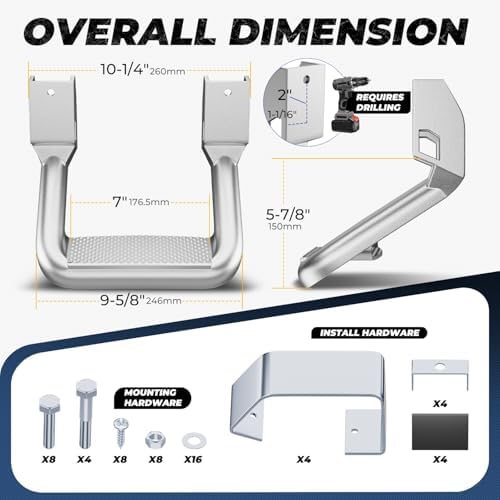 Auto Dynasty 1 Inch Universal Side Step with Mounting Brackets | Aluminum Step Rails Side Hoop Steps for Pickups & Trucks, Silver Powder Coated
