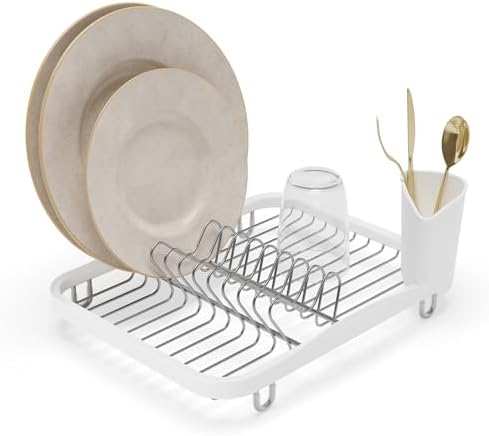 Umbra Sinkin Dish Drying Rack, in Sink or Countertop Drainer, Black/Nickel | Removable utensil holder, non slip rubber feet, fits standard sizes, coated wire and plastic