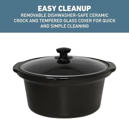 West Bend Slow Cooker 4-Quart Manual Crockery Style with Dishwasher Safe Oval Ceramic Crockpot and Glass Lid Two Temperature Settings Plus Keep Warm, 210-Watts, Black
