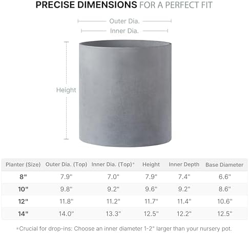 FaithLand 14 Inch Fiberstone Planter - Lightweight Modern Cylinder Plant Pot with Drainage Hole & Plug, Indoor Outdoor Use, Matte White