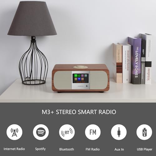 LEMEGA M3+ Internet Radio, Podcasts,Spotify, Bluetooth, FM Stereo, Walnut | Full colour display, 40 presets, remote control, acoustic wooden cabinet, headphone jack, USB, AUX-in, dual alarms clock