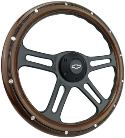 14" Billet Black Aluminum Steering Wheel w/Real Mahogany Wood Rivet Half wrap & Chevy Engraved Horn
