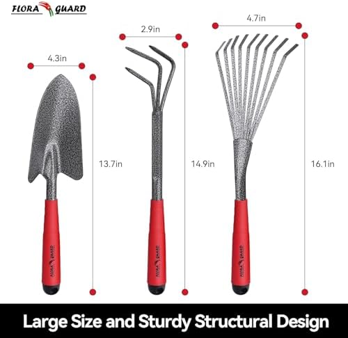 FLORA GUARD 6-Piece Garden Tool Set | Heavy Duty Gardening Hand Tools with High Carbon Steel Including Trowel, Rakes, 2-in-1 Hoe and Crack Weeder