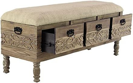 Deco 79 Wood Floral Room Storage Bench Intricately Carved Entryway Bench with Cream Burlap Top, Bench 47" x 16" x 20", Brown
