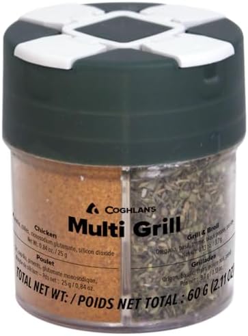 Coghlan's Multi-Grill Shaker – 4-in-1 Outdoor Spice Shaker with Flip-Top Lids for Chicken, Seafood, Steak, and Grilling Blends – Durable, Compact