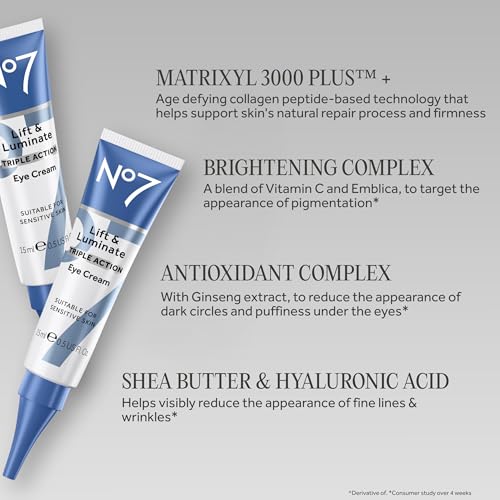 No7 Lift & Luminate Triple Action Under Eye Cream, 0.5 Oz | Treatment for Reducing Puffiness, Bags & Appearance of Wrinkles