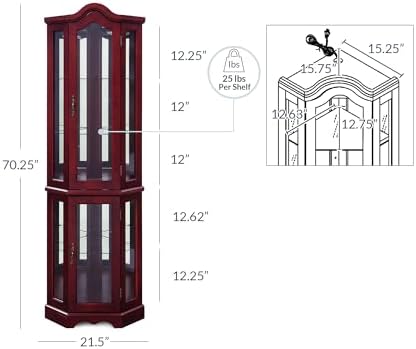 BELLEZE Lighted Corner Display Curved Top Curio Cabinet Wooden Shelving Unit with Tempered Glass Door
