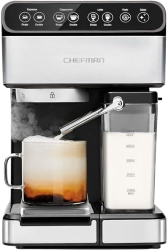 Chefman 6-in-1 Espresso Machine with Built-In Milk Frother, 15-BAR Pump, Digital Display, One-Touch Single or Double Shot for Cappuccinos and Lattes