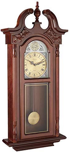 Bedford Clock Collection Grand Antique Chiming Wall Clock with Roman Numerals in a in a Cherry Oak Finish, 38" L