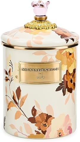 MACKENZIE-CHILDS Enamel Canister, Medium, White Butterfly Garden | Hand-applied design, made from enameled steel, versatile kitchen storage container for flour and sugar, 48-ounce capacity