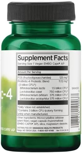 Swanson Probiotic-4 3 Billion Cfu 60 Veg Capsules | 3 Billion CFU from 4 Broad-Spectrum Probiotic Strains Plus Prebiotics, Supports Bowel Regularity and Microbiome