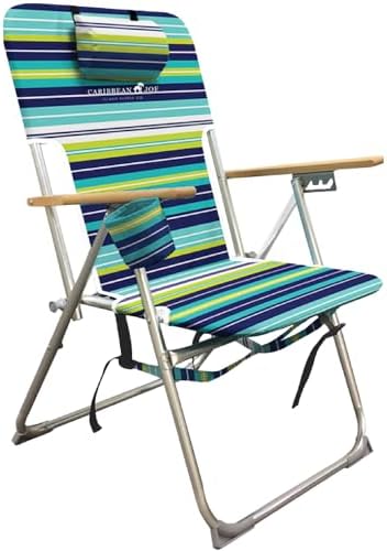 CARIBBEAN JOE Folding Beach Chair, 4 Position Portable Backpack Foldable Camping Chair with Headrest, Cup Holder, and Wooden Armrests