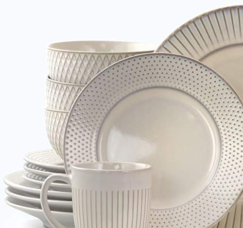 Elama Market Finds 16 Piece Round Stoneware Dinnerware Set in Embossed White