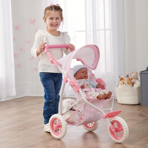 Badger Basket Foldable Jogging Style Doll Stroller - Adjustable Handle, Canopy, Straps & Basket - Fits 18-22" Dolls