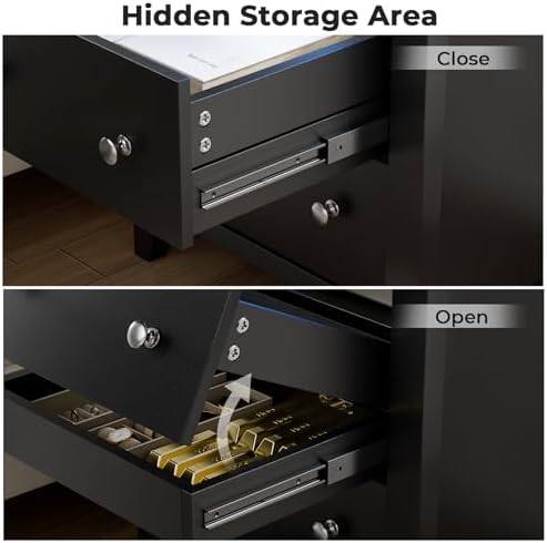 Black Nightstand with Gun Drawer, Night Stand with Charging Station & LED Lights, Bedside Table with Tray & 2 Drawers, End Side Table with Hidden Compartment for Valuables Storage