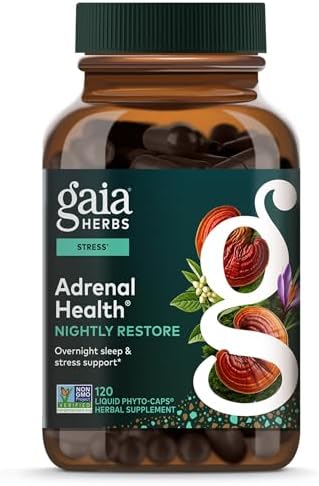 Gaia Herbs Adrenal Health Nightly Restore - Herbal Supplement with Ashwagandha, Magnolia Bark, Cordyceps, Lemon Balm & More* - 120 Vegan Liquid Phyto-Caps (60 Servings)
