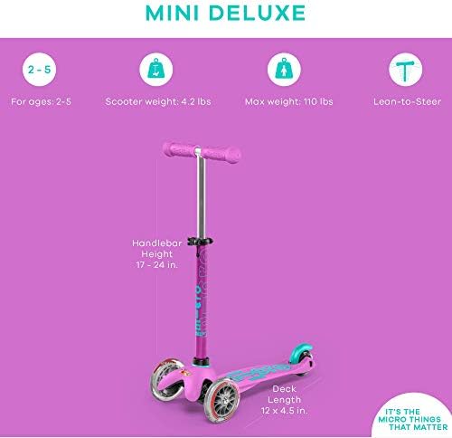 Micro Kickboard | Mini Kids Scooter for Ages 2-5 | Children up to 110 lbs | 3 Wheel Lean-to-Steer Design | Adjustable T Bar | Smooth Ride PU Wheels