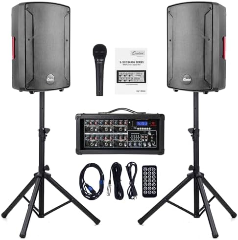 S-1202 12inch 2000W Bluetooth PA System with Powered Mixer Set | Passive Speakers with 6 Channel Mixer /Stands /Mic/ Effect Controller/ 48V Phantom