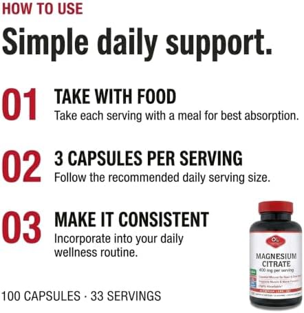 Olympian Labs Magnesium Citrate 400mg - 300 Capsules - Easy Absorbable, Supporting Healthy Bones, Healthy Heart and Calcium Absorption
