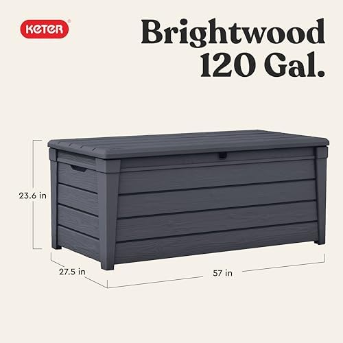 Keter Brightwood 120 Gallon Resin Large Deck Box for Patio Garden, Outdoor Cushion Storage, Pool Accessories, Tools, Grey