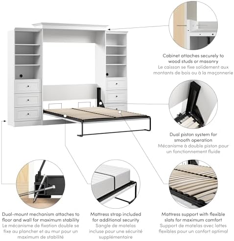 Bestar Versatile Queen Murphy Bed and 2 Closet Organizers with Drawers (115W) in White