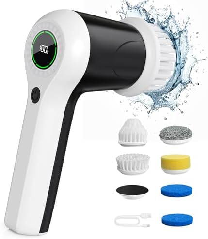 PUFTEM Electric Spin Scrubber, Cordless Shower Scrubber | Battery Level Display, Dual Speed, 6 Replaceable Brush Heads, IPX7 Waterproof, Long Runtime, Tub, Tile & Sink Cleaning