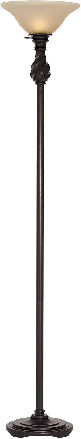 Regency Hill Restoration Bronze 70" Tall Amber Glass Torchiere Floor Lamp | Traditional Hand Applied Black Swirl Font Shade Standing Pole Light for
