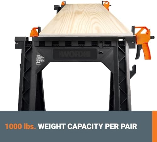 WORX Portable Folding Workbench, 2-in-1 Pegasus Table & Sawhorse, WX051 | 31"×25"×32" dimension, heavy load capacity, fast setup, includes 2 clamps & 4 clamp dogs, lightweight portable design