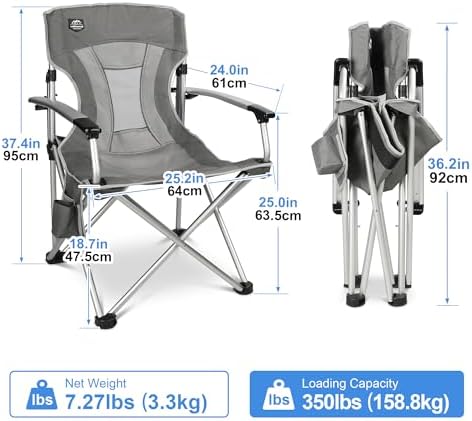 Lightweight Folding Hard Arm Camping Chair,Mesh Back,Heavy Duty,Padded Backpack Camp Chair w/Cup Holder,Cooler Bag for Adults Garden Parties,Grey